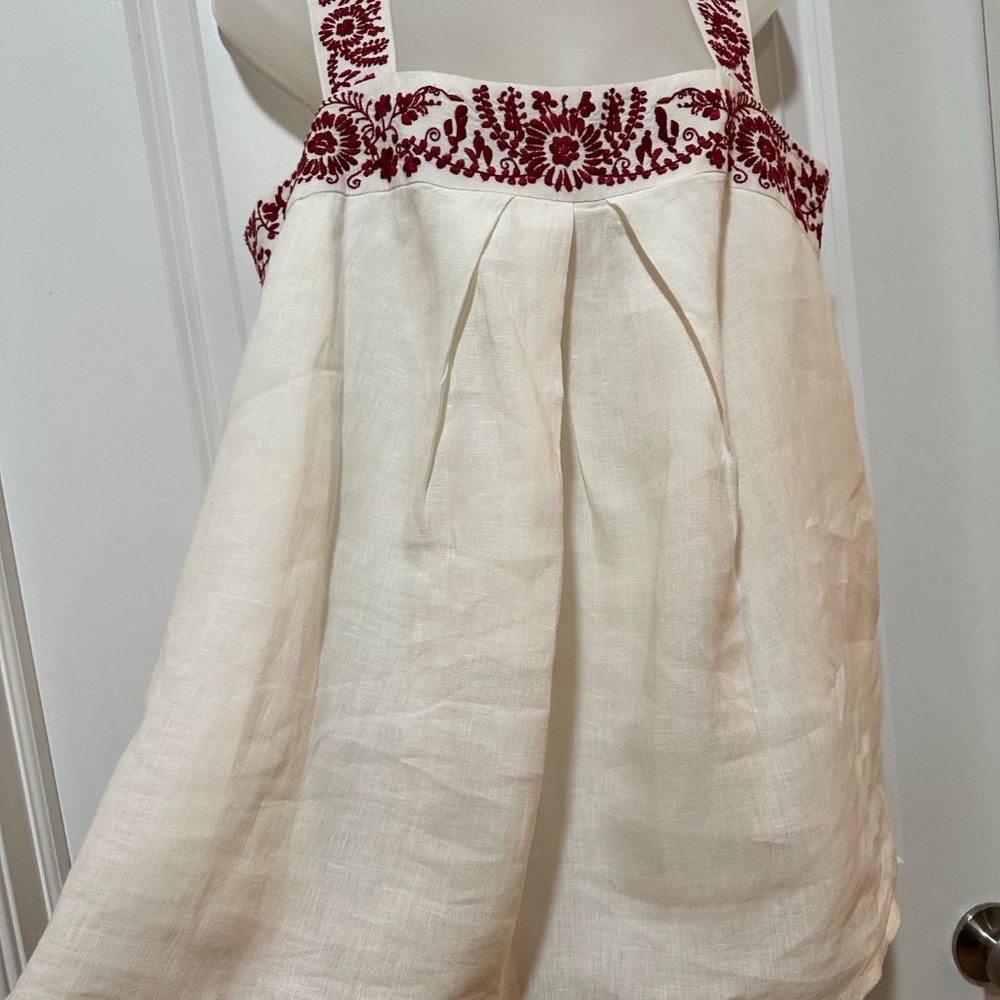 DKNY White 100% Linen Top w/Embroidery on Top Border and Straps